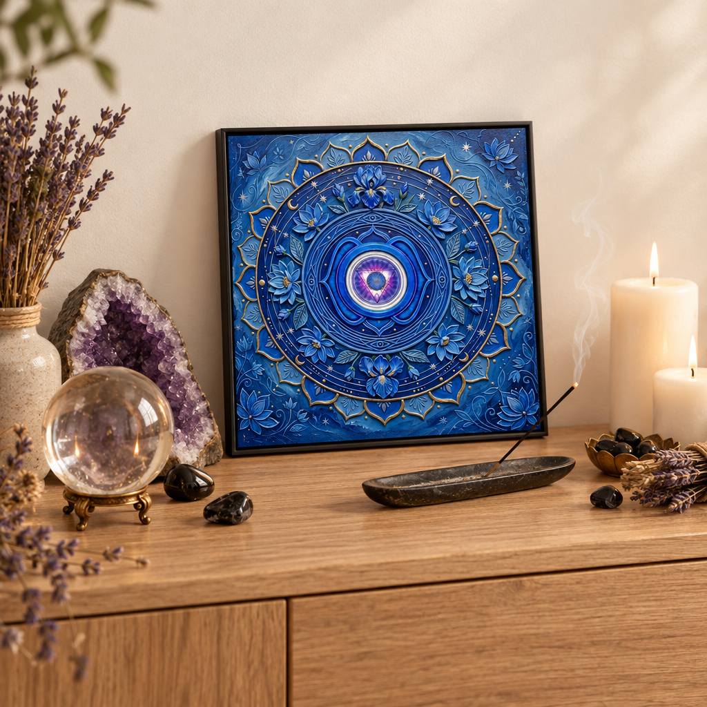 Quadro Chakra Ajna 3D — impressão com mandala azul índigo 3D apoiada em aparador de carvalho claro cercada de geodo de ametista, bola de cristal, obsidiana, velas brancas, lavanda e incenso — decoração esotérica espiritual premium — Santieri Bloom