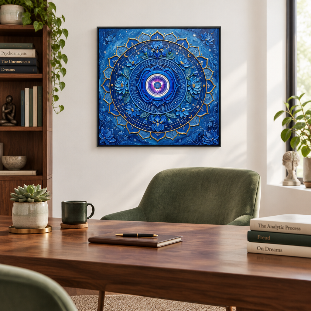 Quadro Chakra Ajna 3D — impressão decorativa com mandala azul índigo impasto 3D e portal violeta em consultório de psicanálise com mesa de nogueira, poltrona verde sage e livros de Freud — quadro espiritual intuição e autoconhecimento — Santieri Bloom