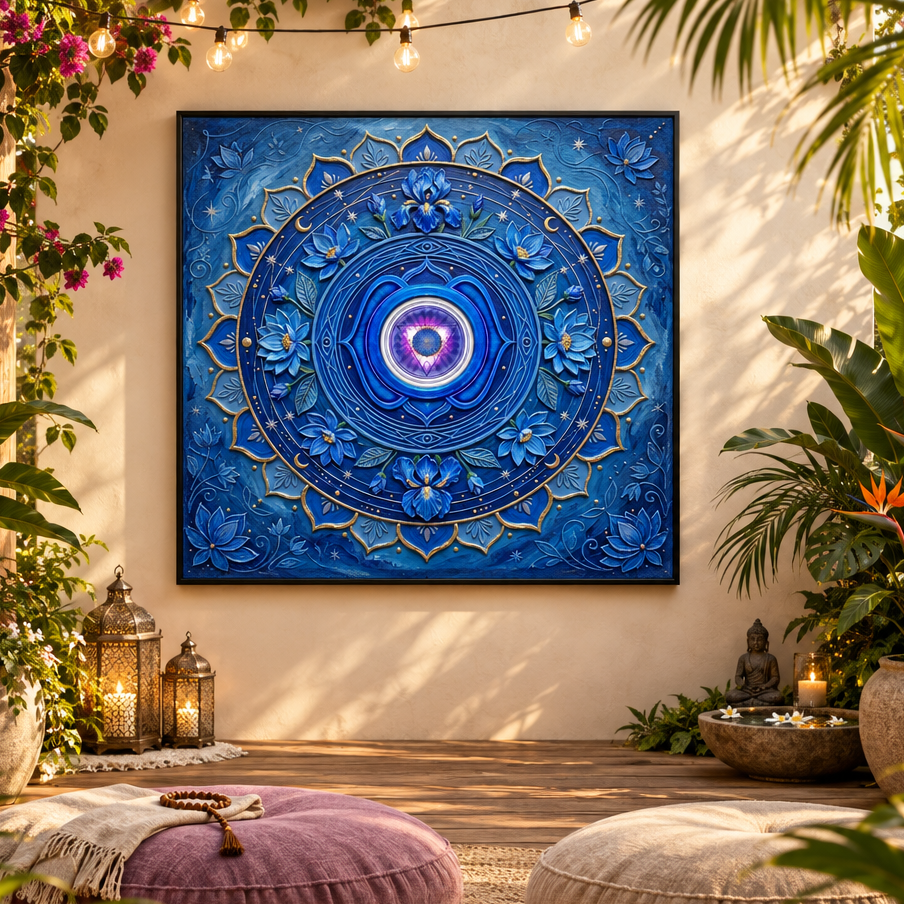 Quadro Chakra Ajna 3D — impressão premium com mandala índigo tridimensional e portal violeta luminoso em deck de meditação externo com almofadas mauve, lanternas marroquinas, Buda e plantas tropicais — quadro decorativo espiritual terceiro olho — Santieri Bloom
