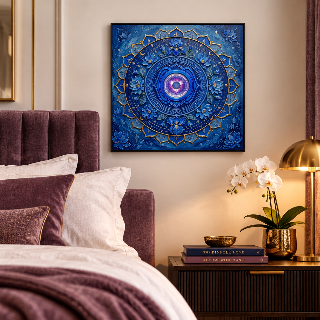 Quadro Chakra Ajna 3D — impressão com mandala índigo escultural 3D e centro violeta em quarto de luxo com cabeceira mauve, roupa de cama branca, abajur dourado e orquídea — decoração espiritual premium quarto — Santieri Bloom