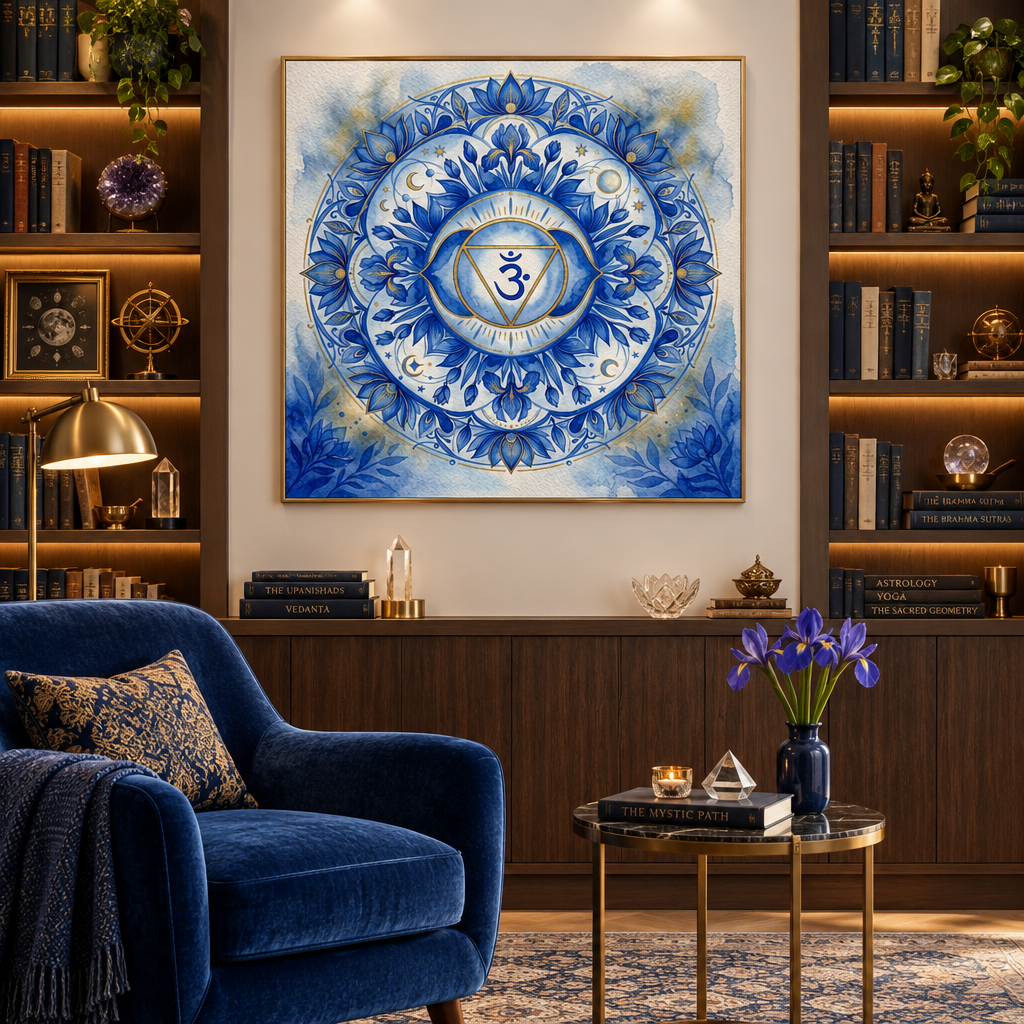 Quadro impresso Chakra Ajna mandala índigo aquarela — decoração espiritualidade terceiro olho em biblioteca com poltrona veludo azul — Santieri Bloom