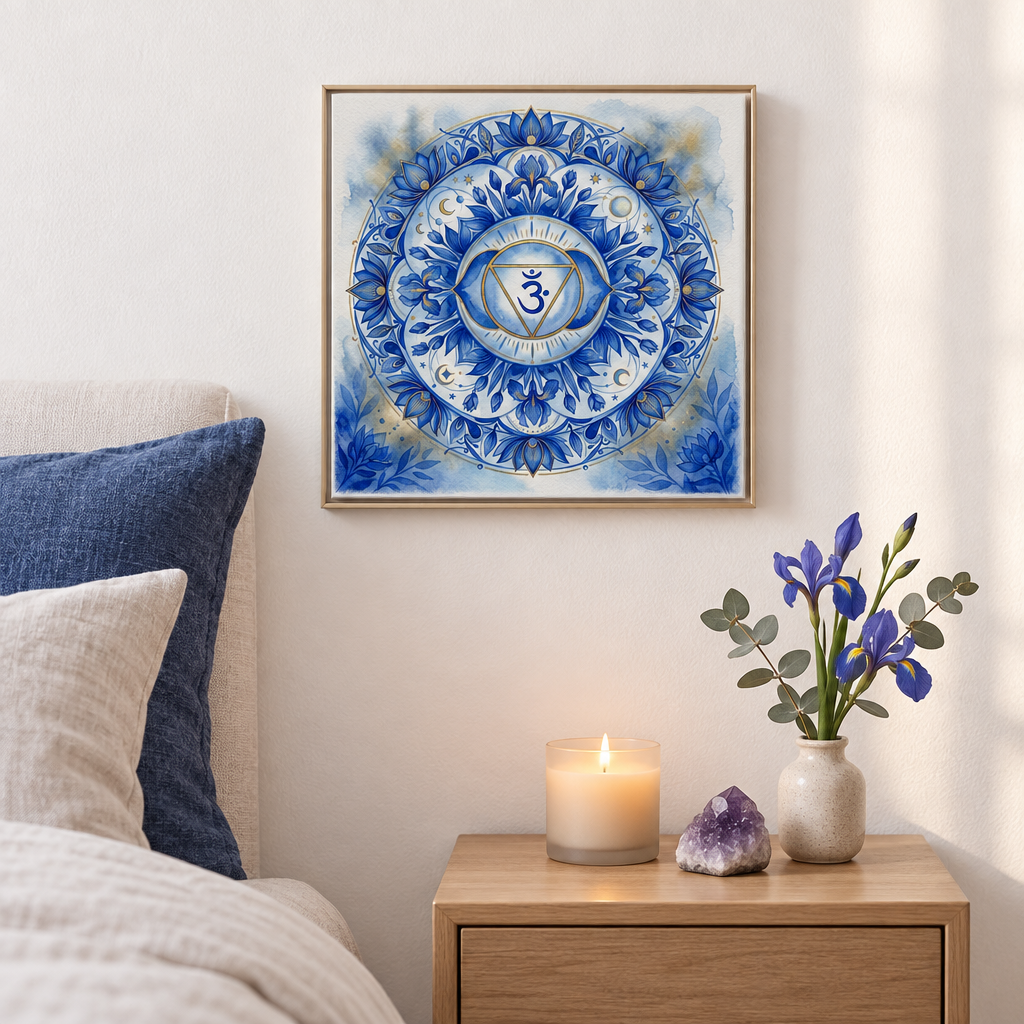 Quadro impresso mandala Chakra Ajna íris e estrelas douradas — decoração chakra terceiro olho quarto minimalista com cristal ametista — Santieri Bloom