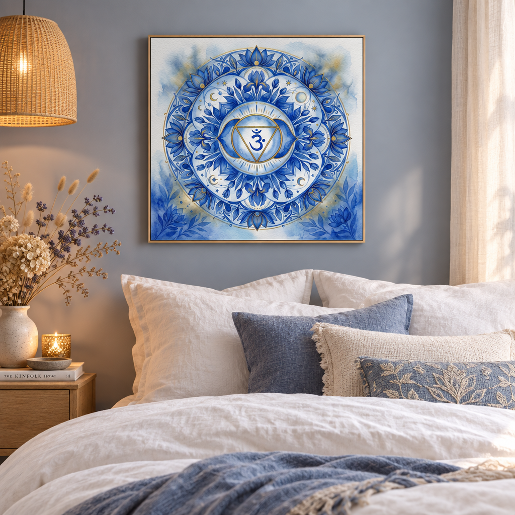 Quadro Chakra Ajna azul índigo impressão aquarela — arte intuição e clareza decoração quarto aconchegante com moldura flutuante — Santieri Bloom