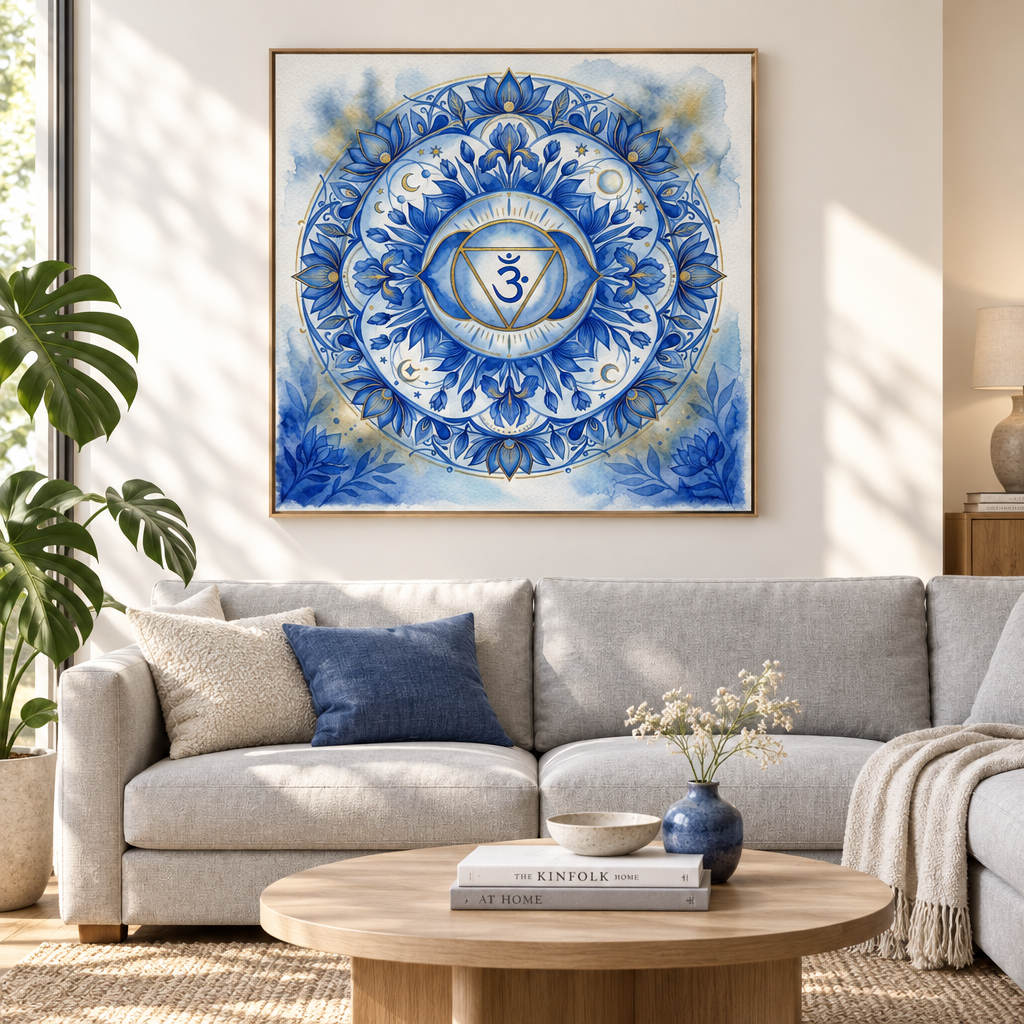 Quadro decorativo Chakra Ajna mandala azul índigo — arte impressa terceiro olho em sala de estar clara com moldura flutuante dourada — Santieri Bloom