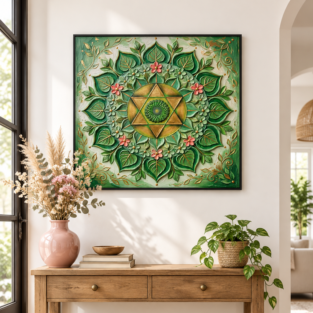 Quadro Chakra Anahata 3D — impressão com mandala verde esmeralda impasto 3D e flores cor-de-rosa em aparador de madeira em hall de entrada luminoso com vaso rosa e plantas — decoração espiritual premium — Santieri Bloom
