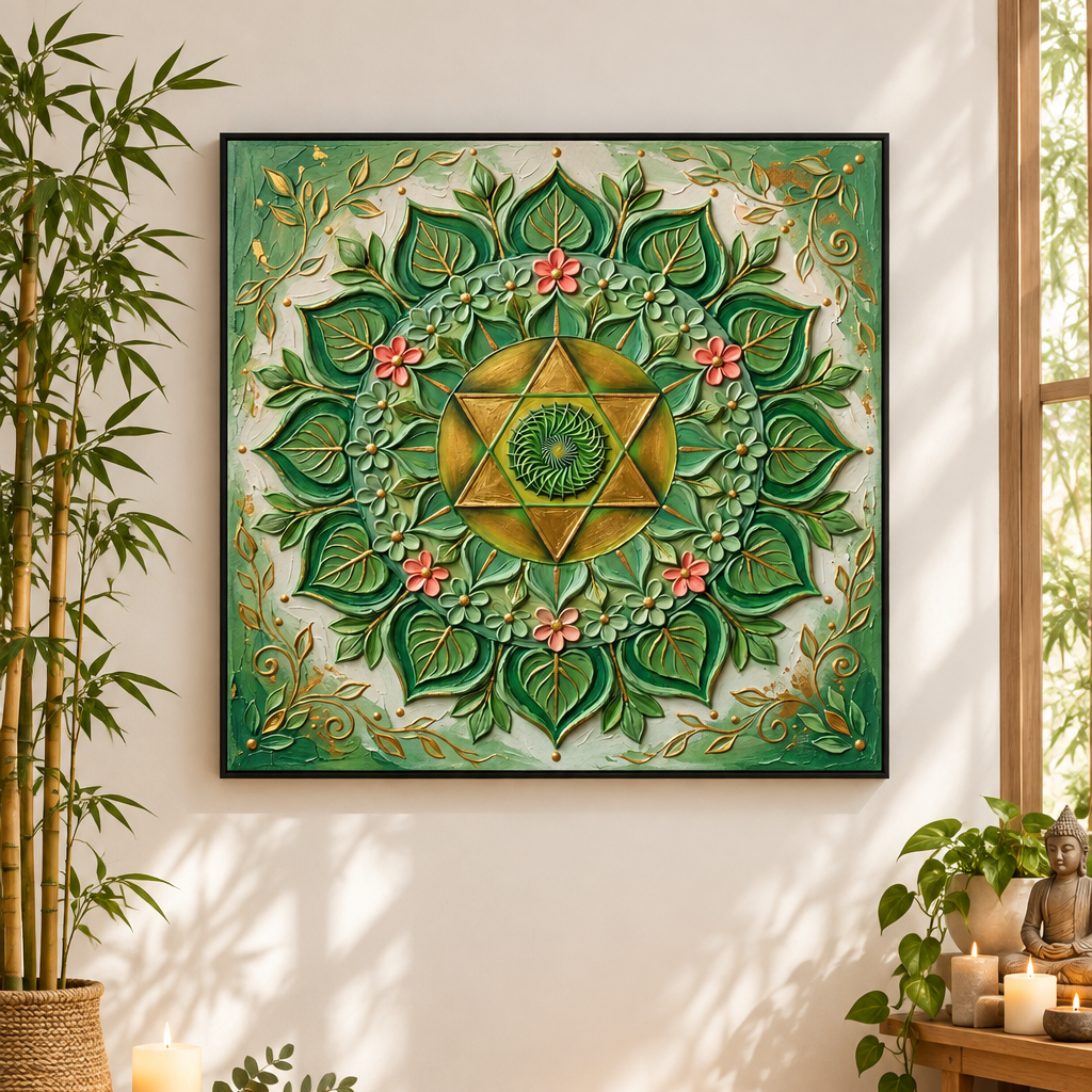 Quadro Chakra Anahata 3D — impressão premium com mandala verde esmeralda estética tridimensional, folhas douradas e flores cor-de-rosa em estúdio de yoga com bambu, velas e estátua de Buda — quadro decorativo espiritual chakra coração — Santieri Bloom