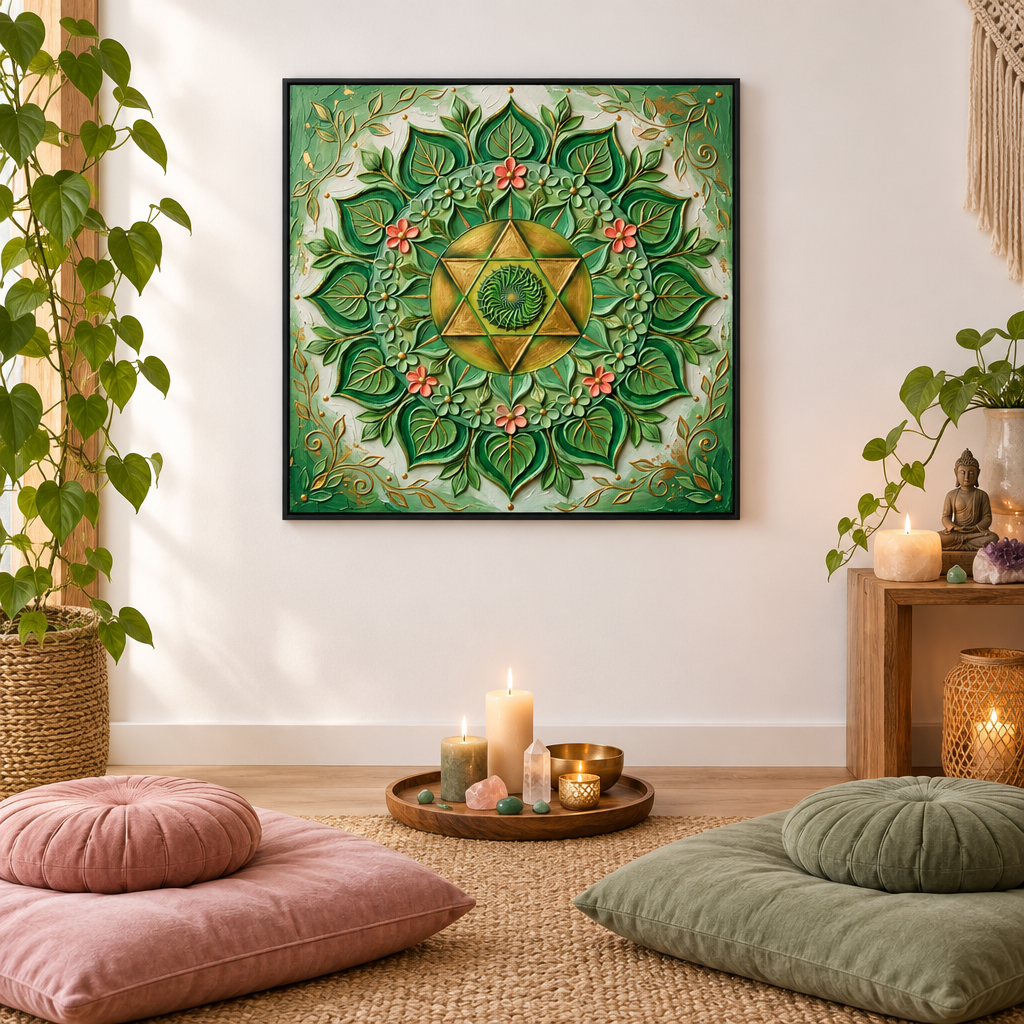 Quadro Chakra Anahata 3D — impressão decorativa com mandala verde tridimensional e Estrela de Davi em sala de meditação com almofadas rosa e sage, velas, cristais e tigela dourada — quadro espiritual chakra do coração — Santieri Bloom