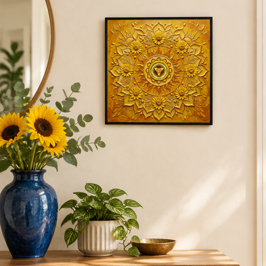 Quadro Chakra Muladhara 3D — impressão 30x30cm com mandala vermelha tridimensional em escritório clean com parede branca, monitor e planta — arte espiritual compacta — Santieri Bloom