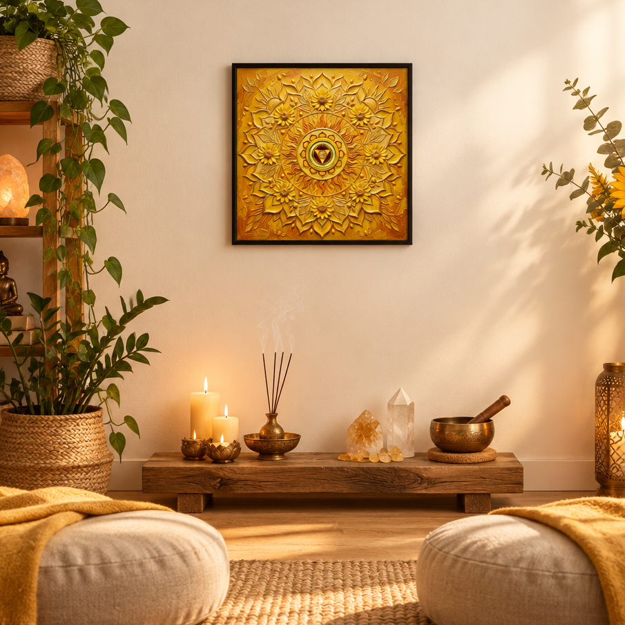 Quadro Chakra Muladhara 3D — impressão com mandala vermelha tridimensional em escritório sofisticado com parede azul navy, mesa de mogno e abajur dourado — Santieri Bloom