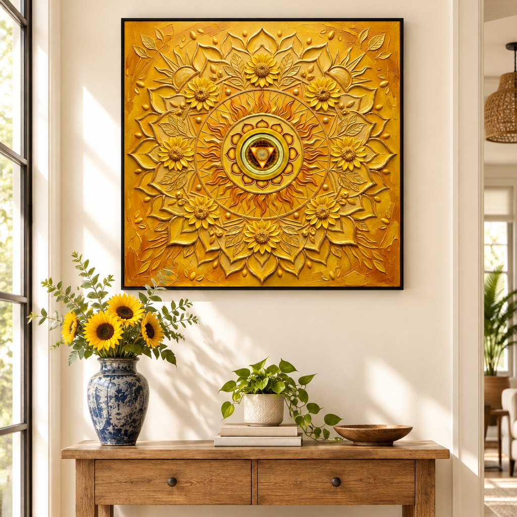Quadro Chakra Muladhara 3D — impressão com mandala vermelha tridimensional em home office com mesa de madeira, laptop e planta — arte espiritual para escritório — Santieri Bloom