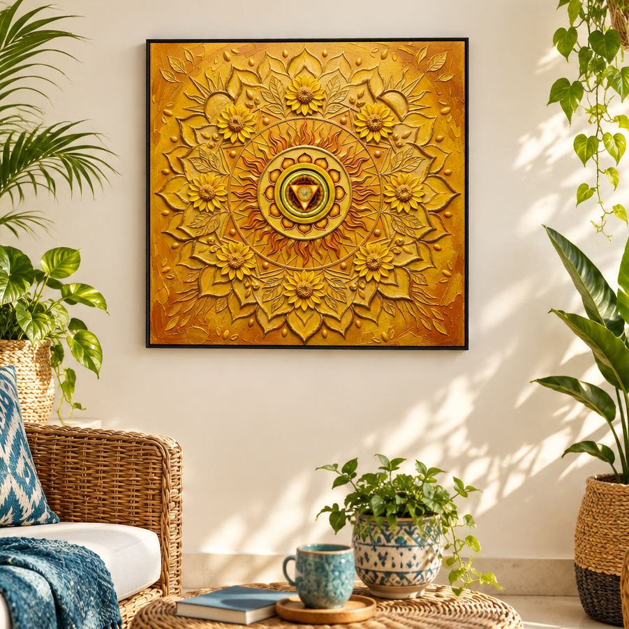 Quadro Chakra Muladhara 3D — impressão com mandala vermelha tridimensional acima de sofá branco em sala moderna minimalista — decoração espiritual premium — Santieri Bloom