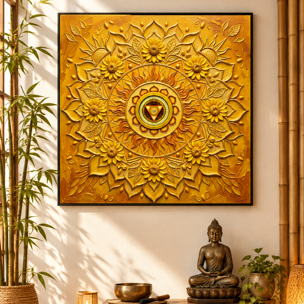 Quadro Chakra Muladhara 3D — impressão com mandala vermelha tridimensional em sala zen com bambu, tigela tibetana e estátua de Buda — Santieri Bloom