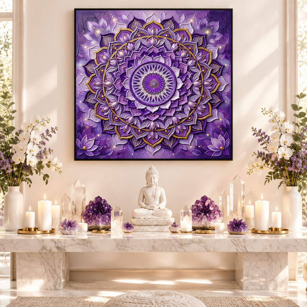 Quadro Chakra Sahasrara 3D — impressão premium com mandala violeta tridimensional e pétalas de lótus em camadas sobre altar de mármore branco com Buda, geodos de ametista, quartzo e velas — quadro decorativo espiritual chakra coroa — Santieri Bloom
