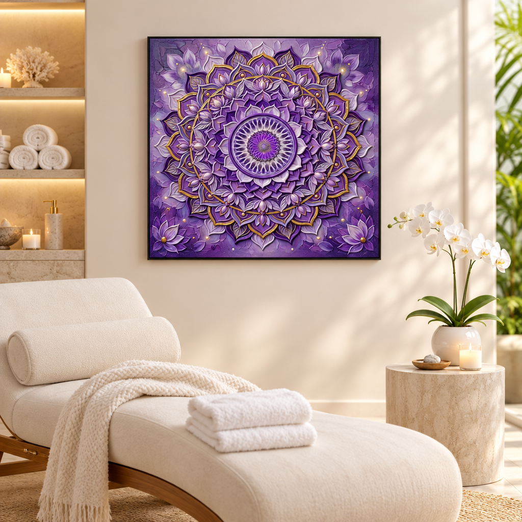 Quadro Chakra Sahasrara 3D — impressão decorativa com mandala violeta impasto 3D e detalhes dourados em spa de luxo com chaise branca, toalhas, orquídea e mesa de pedra natural — quadro espiritual transcendência e paz interior — Santieri Bloom