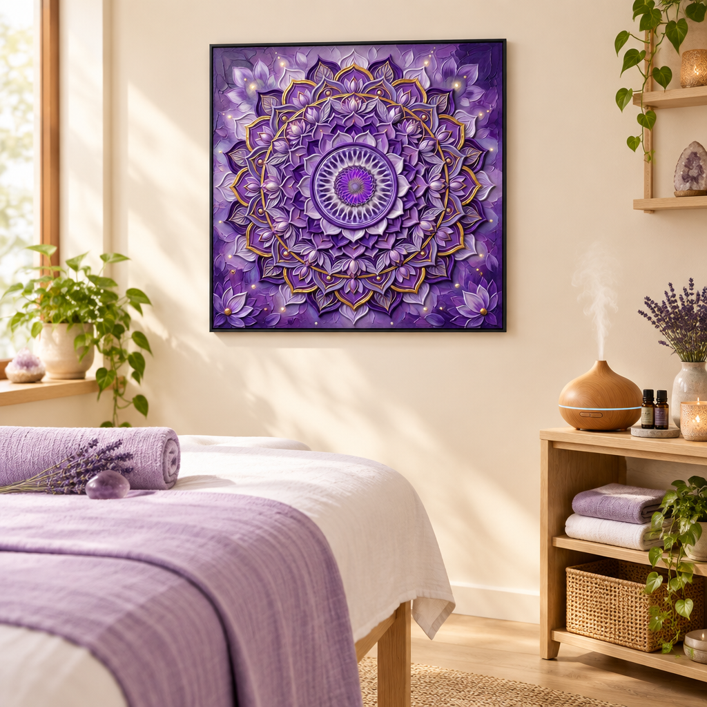 Quadro Chakra Sahasrara 3D — impressão com mandala violeta escultural 3D e folhas prateadas em sala de terapia holística com maca lilás, lavanda, difusor de aromaterapia e plantas — decoração espiritual premium — Santieri Bloom