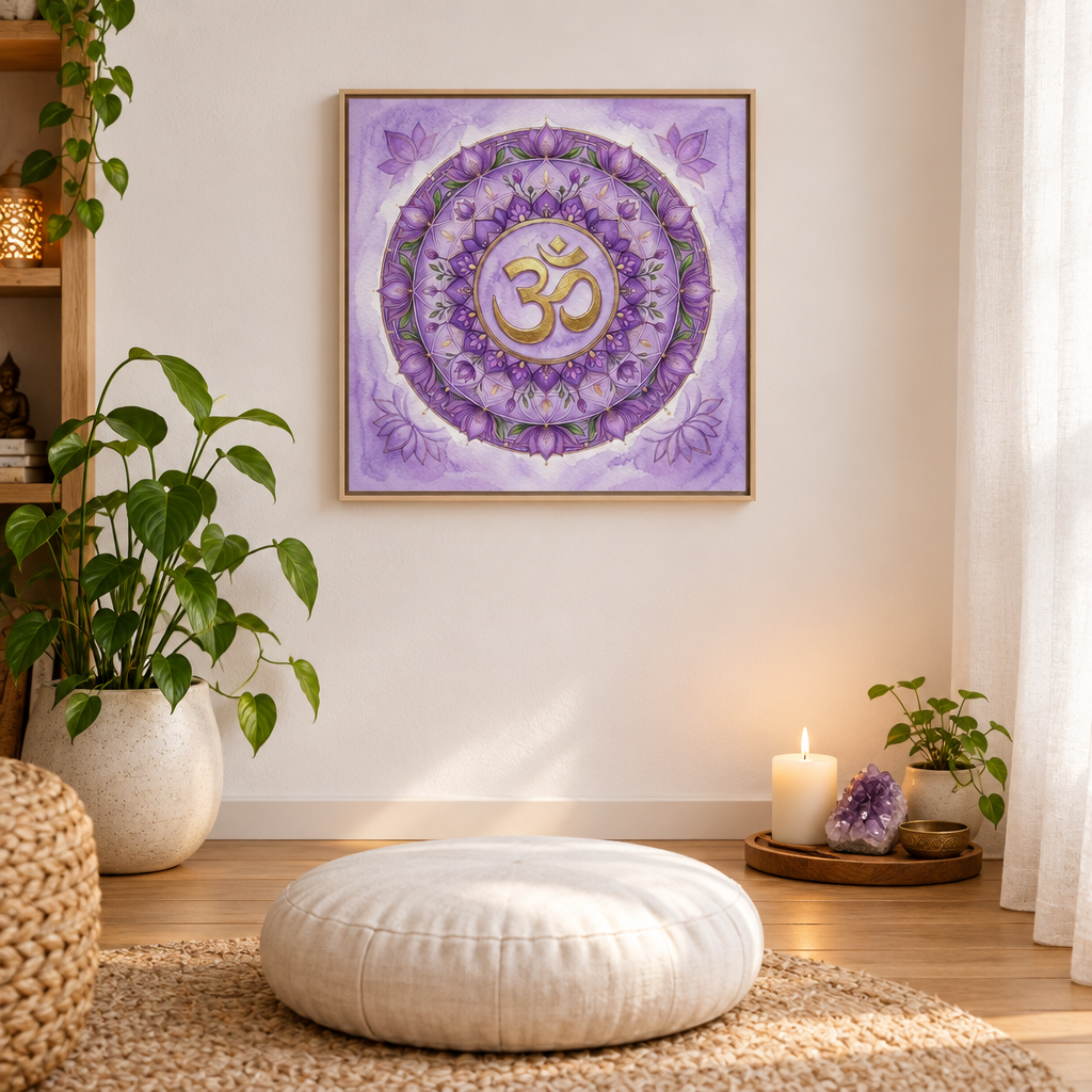 Quadro impresso Chakra Sahasrara lótus violeta símbolo Om — decoração espiritualidade chakra coroa em espaço meditação com ametista e vela — Santieri Bloom