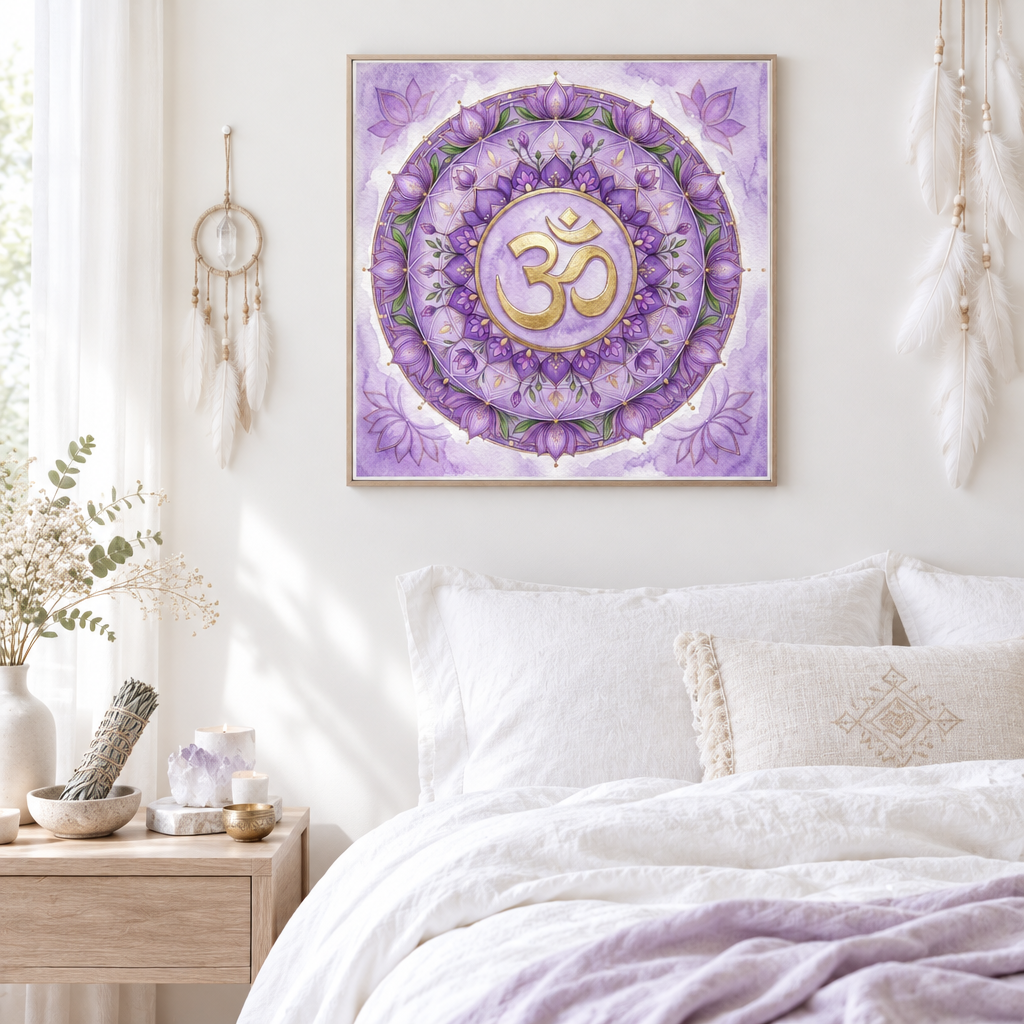 Quadro Chakra Sahasrara aquarela violeta e dourado — arte impressa chakra coroa em quarto xamânico clean com filtro dos sonhos e sálvia — Santieri Bloom