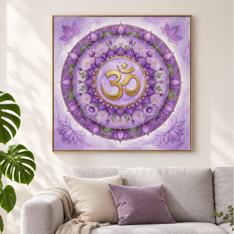 Quadro decorativo Chakra Sahasrara mandala violeta Om dourado — arte impressa chakra coroa em sala de estar clara com monstera — Santieri Bloom

