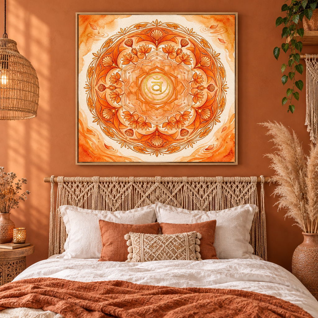 Quadro impresso Chakra Svadhisthana mandala laranja lótus e conchas — decoração chakra sacral em quarto boho terracota com macramê e capim dourado — Santieri Bloom