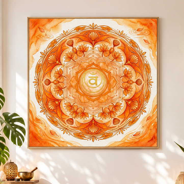 Quadro decorativo Chakra Svadhisthana mandala laranja aquarela — arte impressa chakra sacral em sala clara com monstera e tigela tibetana — Santieri Bloom