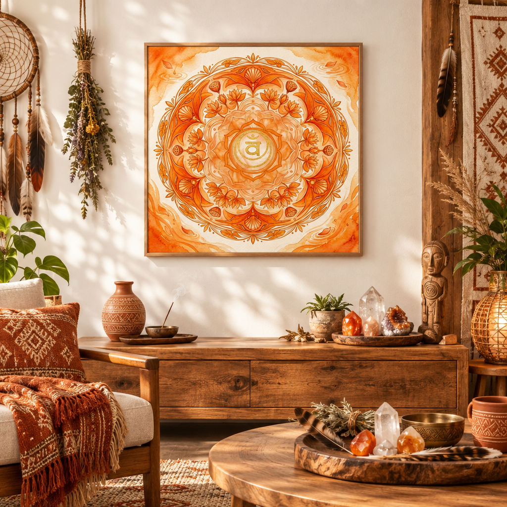 Quadro Chakra Svadhisthana aquarela laranja vibrante — arte impressa chakra sacral criatividade em sala xamânica com cristais, filtro dos sonhos e ervas — Santieri Bloom