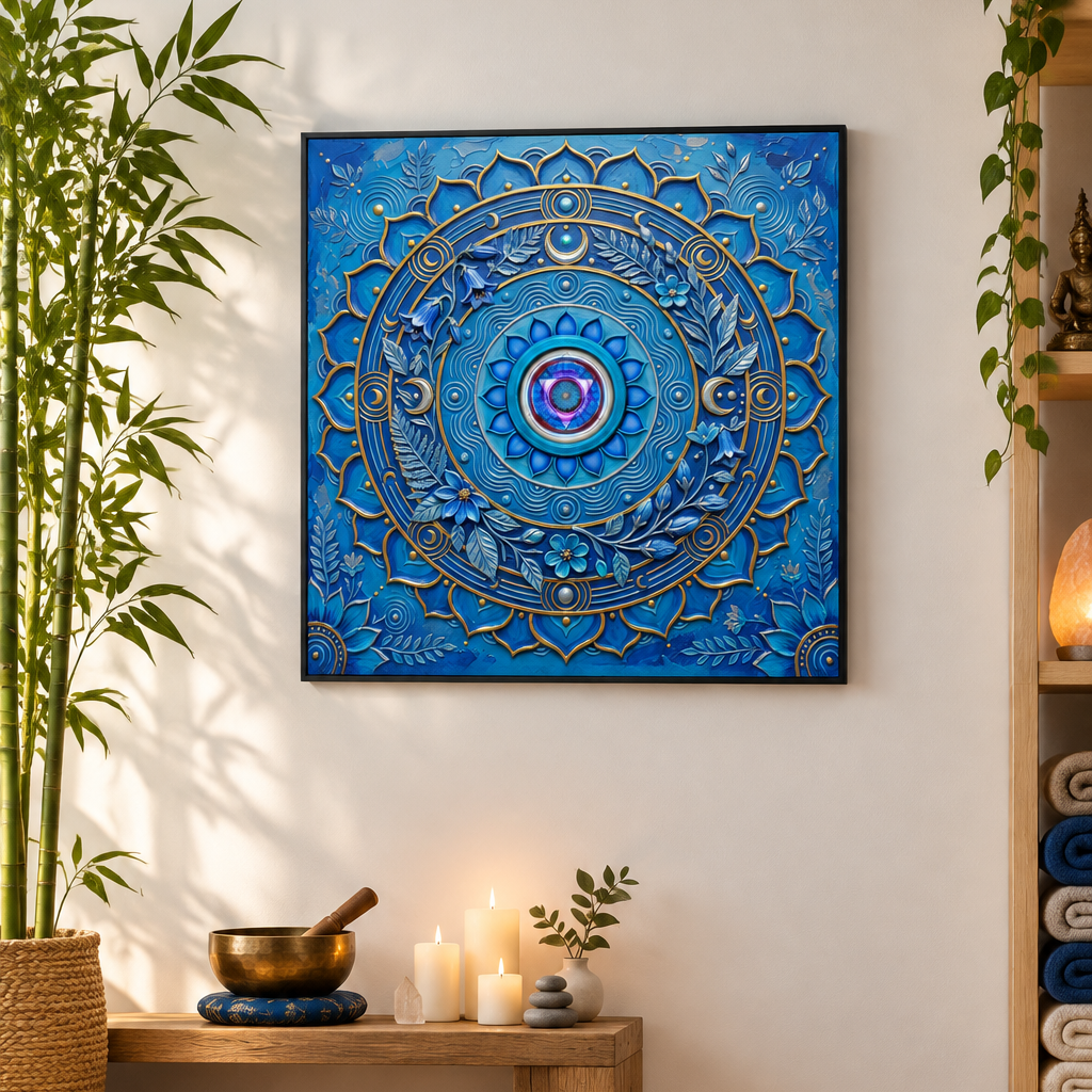 Quadro Chakra Vishuddha 3D — impressão com mandala azul impasto 3D, samambaias prateadas e centro luminoso em ambiente zen com bambu, tigela tibetana, velas e pedras — decoração espiritual premium — Santieri Bloom
