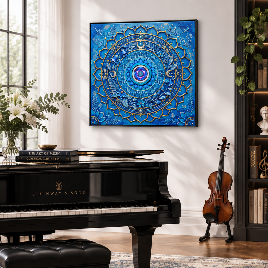 Quadro Chakra Vishuddha 3D — impressão decorativa com mandala azul tridimensional e detalhes dourados em sala de música com piano de cauda Steinway e violino — quadro espiritual da voz e expressão criativa — Santieri Bloom