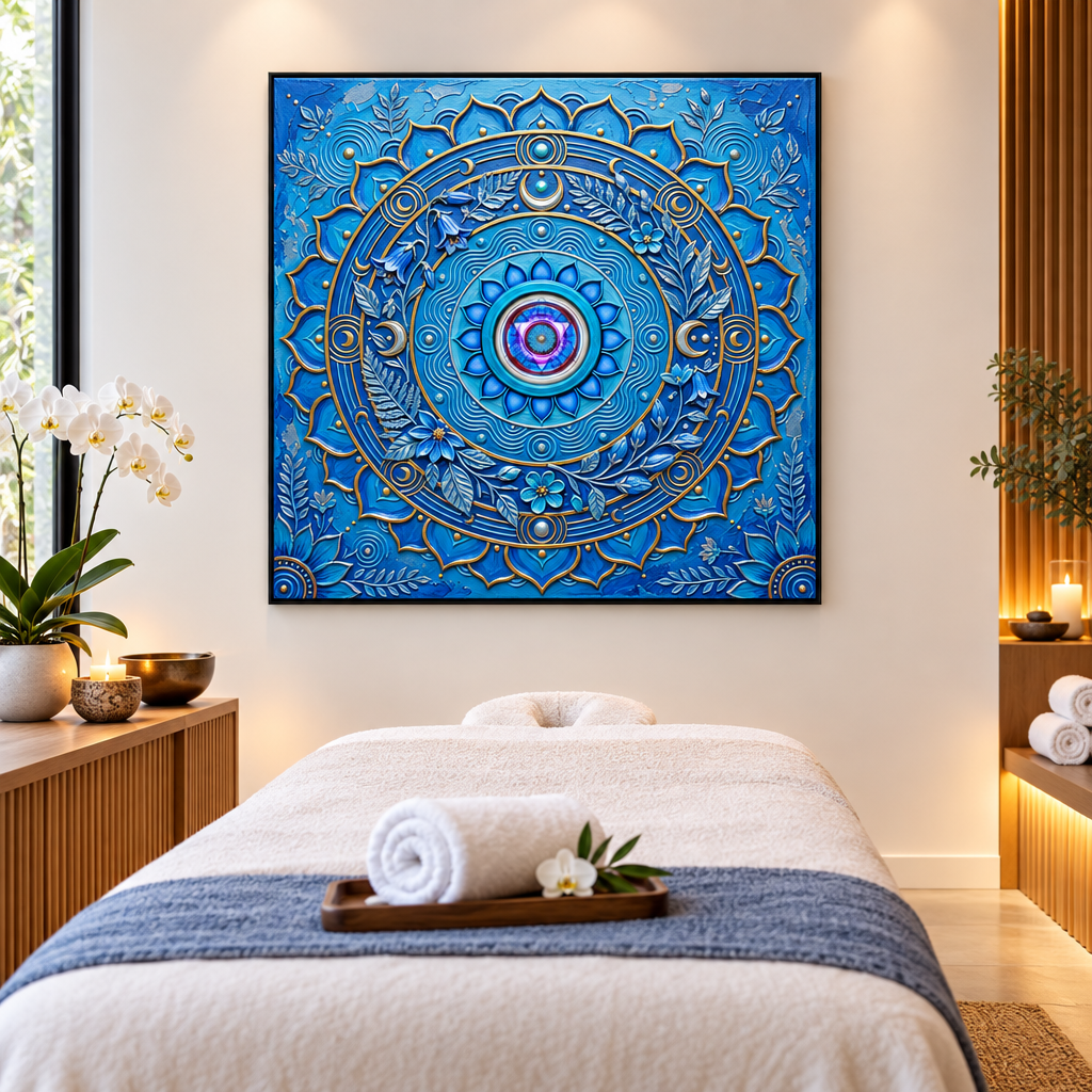 Quadro Chakra Vishuddha 3D — impressão premium com mandala azul royal de estética tridimensional, luas crescentes e olho interior luminoso em sala de spa com maca de massagem, orquídea branca e velas — quadro decorativo espiritual chakra da garganta — Santieri Bloom