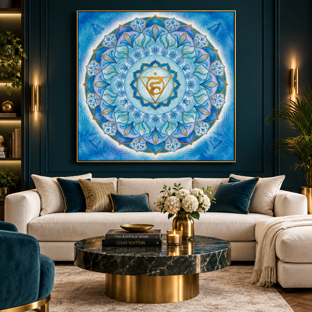 Quadro impresso Chakra Vishuddha mandala azul turquesa aquarela — decoração sofisticada chakra garganta em sala de estar luxo com sofá creme, mármore e detalhes dourados — Santieri Bloom
