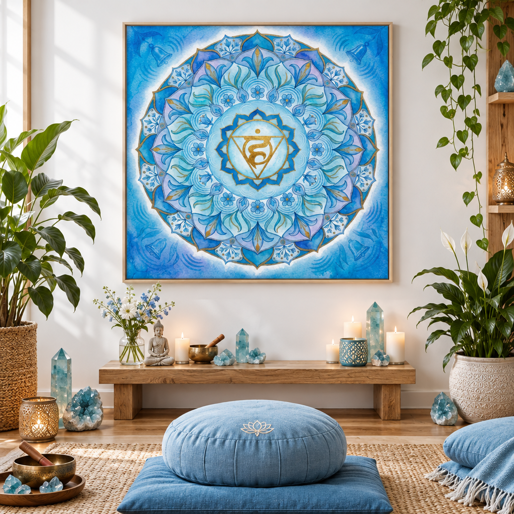 Quadro decorativo Chakra Vishuddha mandala azul celeste símbolo Ham dourado — arte impressa chakra garganta em sala de meditação com cristais aquamarina e tigela tibetana — Santieri Bloom