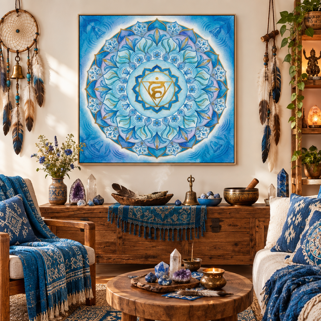 Quadro Chakra Vishuddha azul celeste e turquesa aquarela — arte impressa chakra garganta expressão em sala xamânica com filtro dos sonhos, penas azuis e cristais — Santieri Bloom