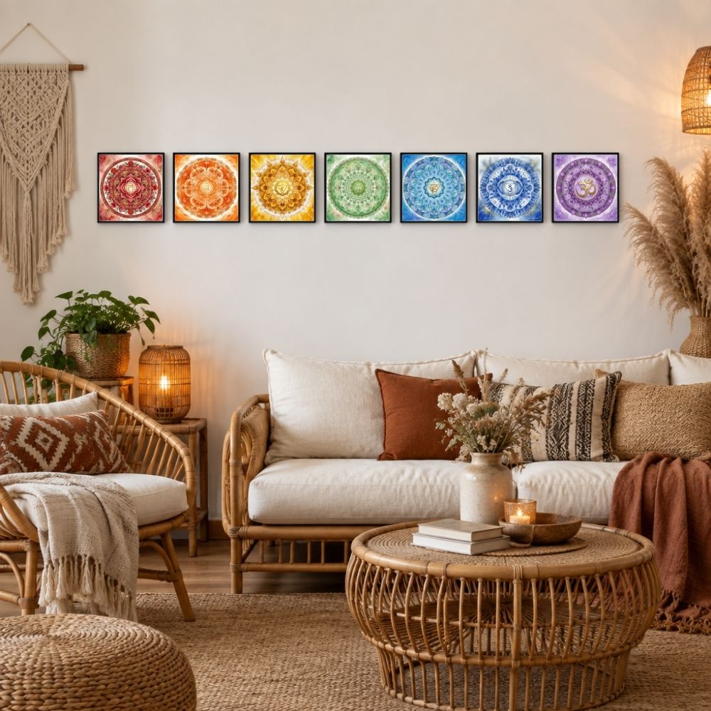 Kit 7 Chakras aquarela — 7 quadros impressos mandalas coloridas em sala boho com sofá rattan, macramê e capim dourado — Santieri Bloom