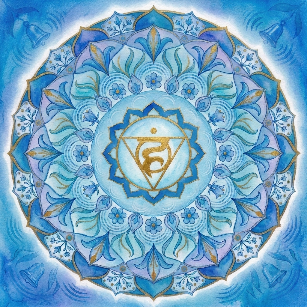 Quadro impresso Chakra Vishuddha mandala azul celeste aquarela com sinos e símbolo Ham dourado — arte chakra garganta expressão — Kit 7 Chakras — Santieri Bloom