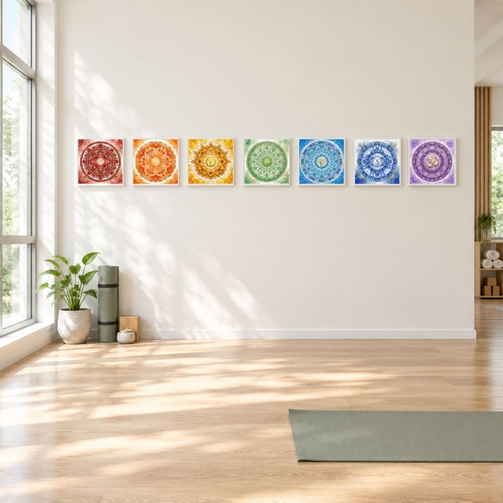 Kit 7 Chakras aquarela — conjunto de 7 quadros decorativos impressos com mandalas dos chakras — decoração espiritualidade — Santieri Bloom