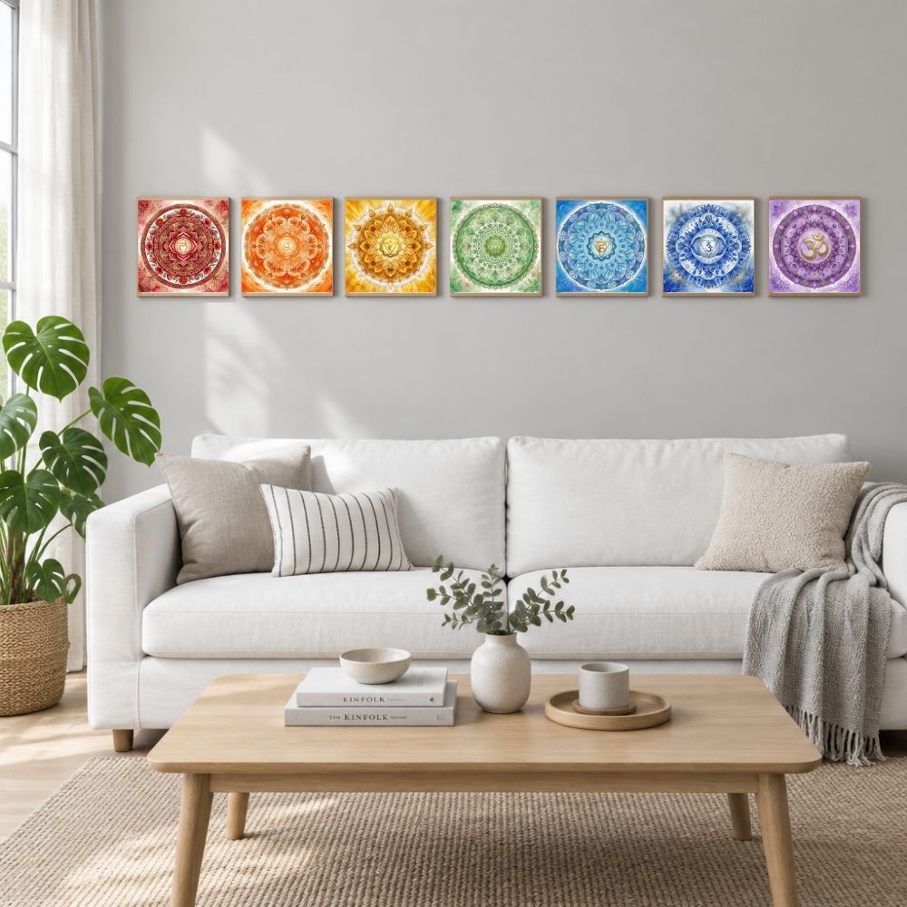 Kit 7 Chakras aquarela — 7 quadros impressos mandalas espirituais em ambiente decorado — Santieri Bloom