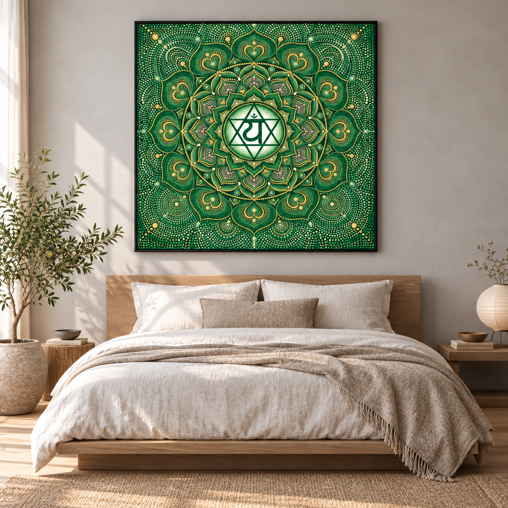Quadro impresso Mandala Chakra Coração Anahata Pontilhismo com moldura preta em quarto Japandi com cama de madeira e roupa de cama linho – decoração espiritual chakra amor – Santieri Bloom
