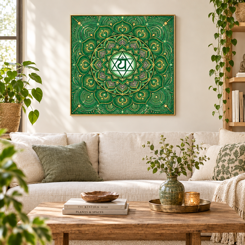 Quadro impresso Mandala Chakra Coração Anahata Pontilhismo com moldura dourada em sala clara com sofá linho e plantas – quadro decorativo espiritual para sala de estar – Santieri Bloom