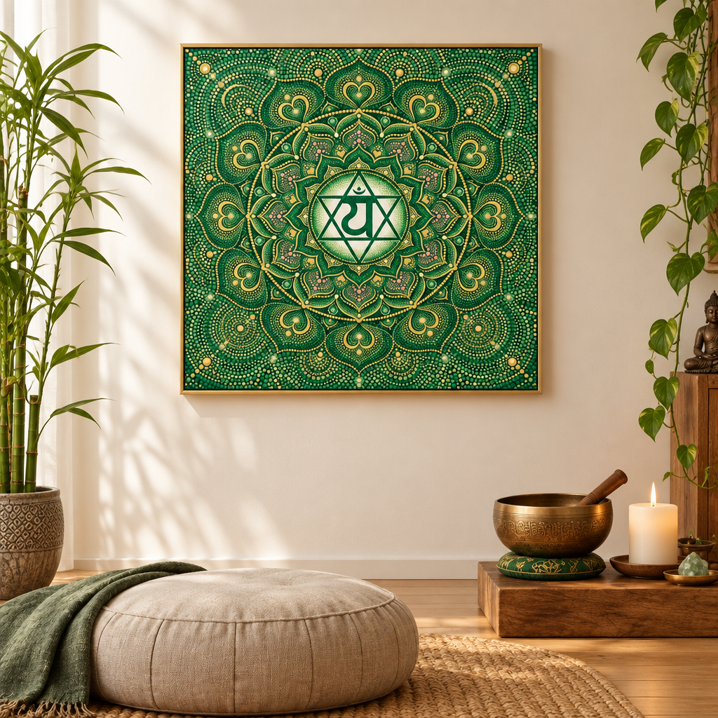 Quadro impresso Mandala Chakra Coração Anahata Pontilhismo com moldura dourada em sala de meditação zen com bambu, tigela tibetana e vela – impressão espiritual para meditação – Santieri Bloom