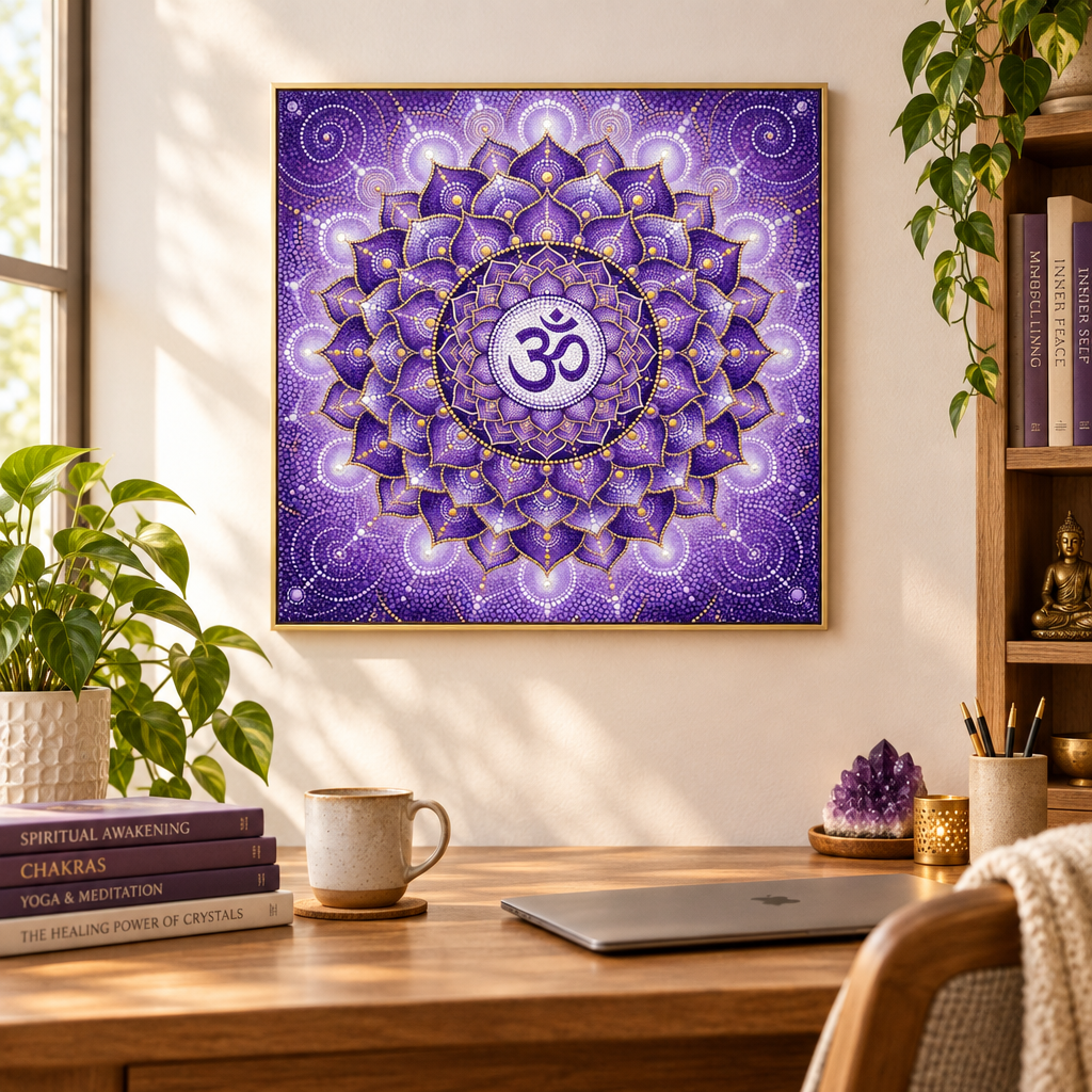 Quadro impresso Mandala Chakra Coronário Sahasrara Pontilhismo com moldura dourada em home office com cluster de ametista e estátua de Buda – quadro espiritual para escritório – Santieri Bloom