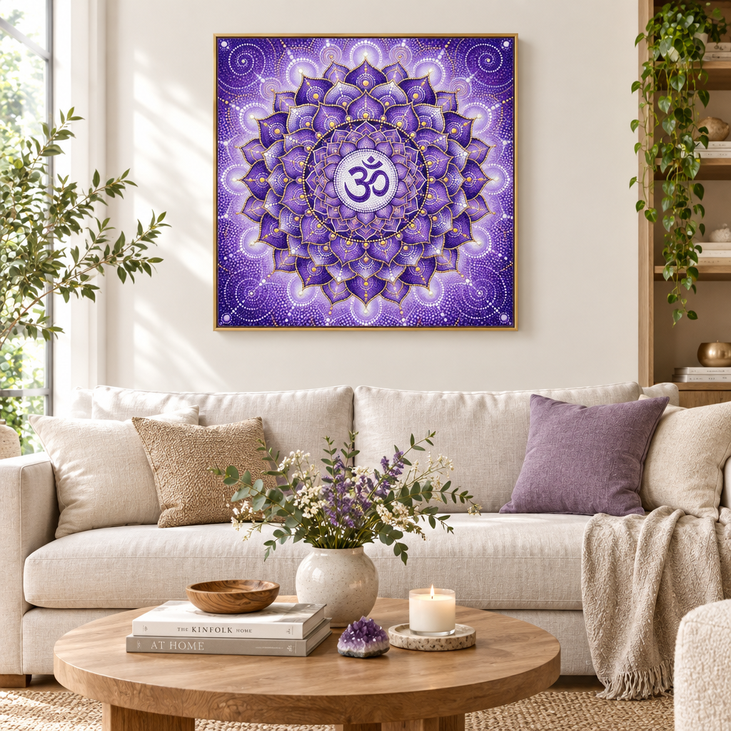 Quadro impresso Mandala Chakra Coronário Sahasrara Pontilhismo com moldura dourada em sala de estar com sofá linho e ametista – quadro decorativo espiritual para sala – Santieri Bloom