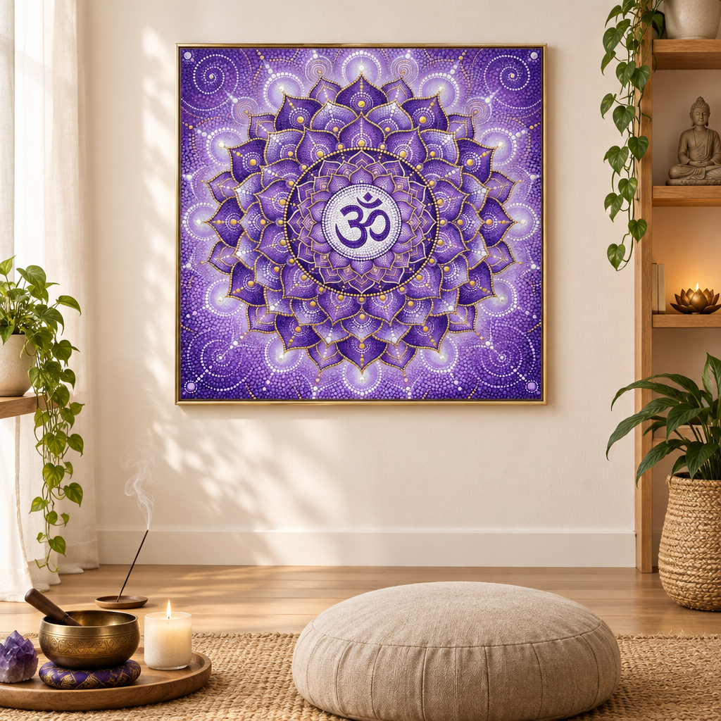Quadro impresso Mandala Chakra Coronário Sahasrara Pontilhismo com moldura dourada em sala de meditação zen com tigela tibetana, ametista e incenso – impressão espiritual para meditação – Santieri Bloom