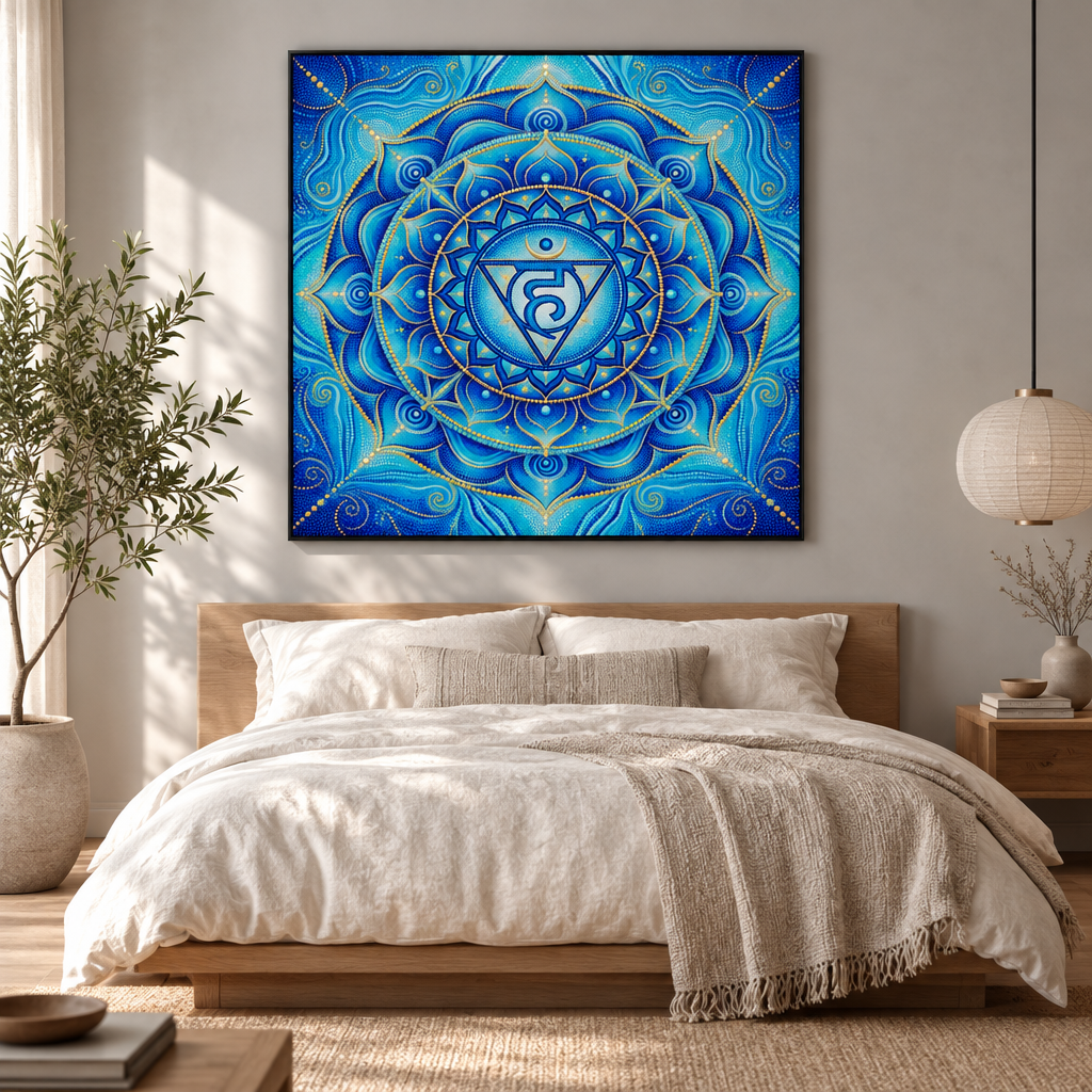 Quadro impresso Mandala Chakra Garganta Vishuddha Pontilhismo com moldura preta em quarto Japandi com cama de madeira e roupa de cama linho – decoração espiritual chakra comunicação – Santieri Bloom