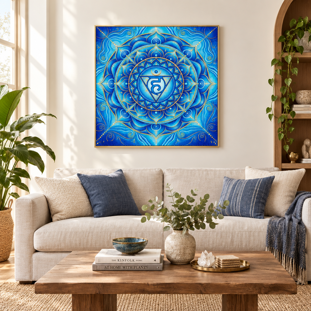 Quadro impresso Mandala Chakra Garganta Vishuddha Pontilhismo com moldura dourada em sala clara com sofá linho e almofadas azuis – quadro decorativo espiritual para sala de estar – Santieri Bloom
