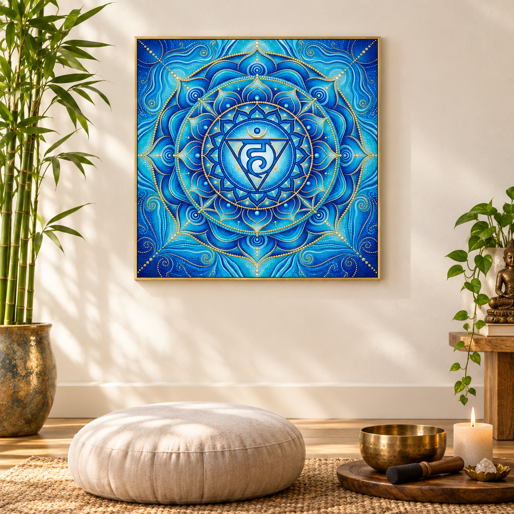Quadro impresso Mandala Chakra Garganta Vishuddha Pontilhismo com moldura dourada em sala de meditação zen com bambu, tigela tibetana e vela – impressão espiritual para meditação – Santieri Bloom