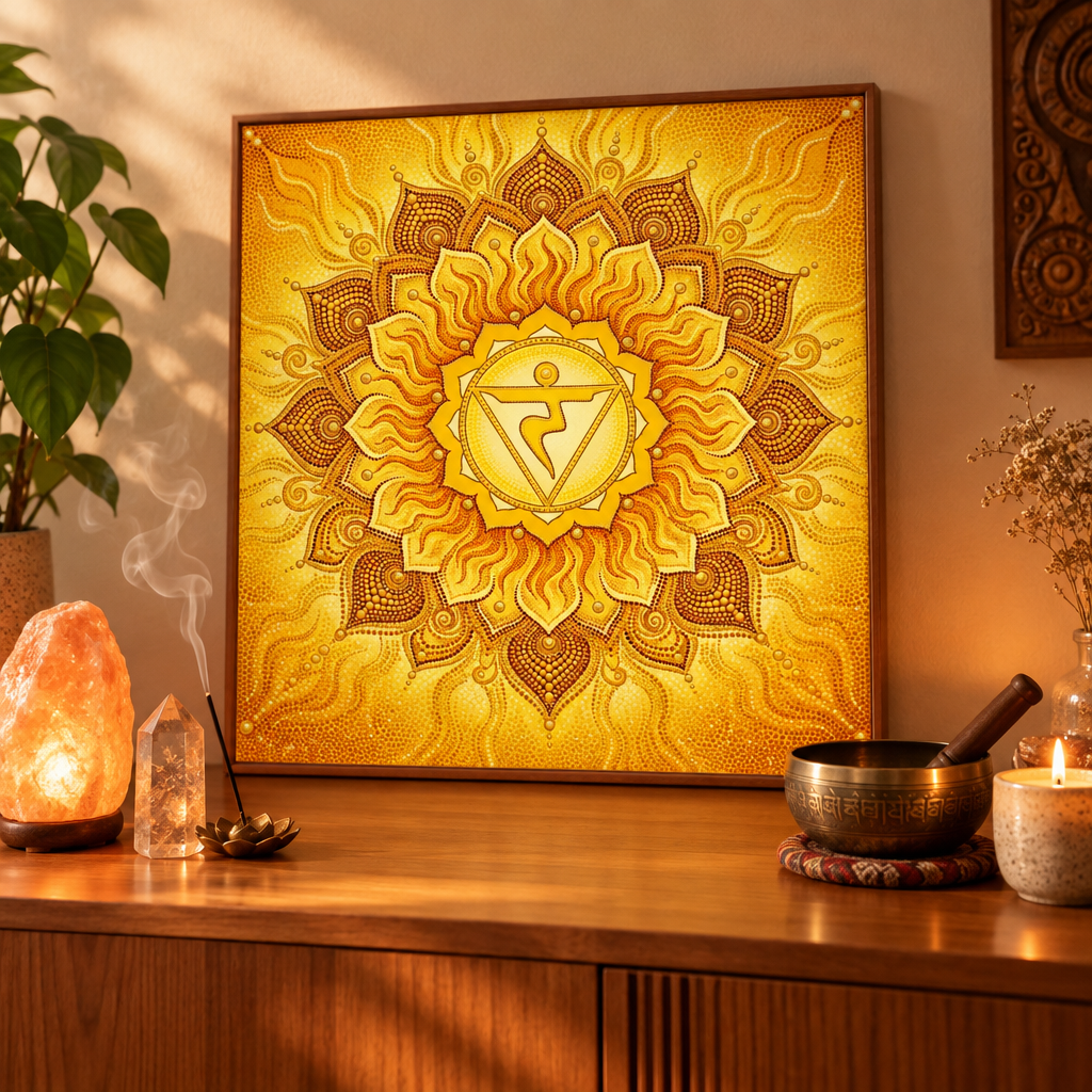 Quadro impresso Mandala Chakra Plexo Solar Pontilhismo apoiado em aparador zen com lamparina de sal himalaia, cristal e tigela tibetana – impressão espiritual Manipura para decoração zen – Santieri Bloom
