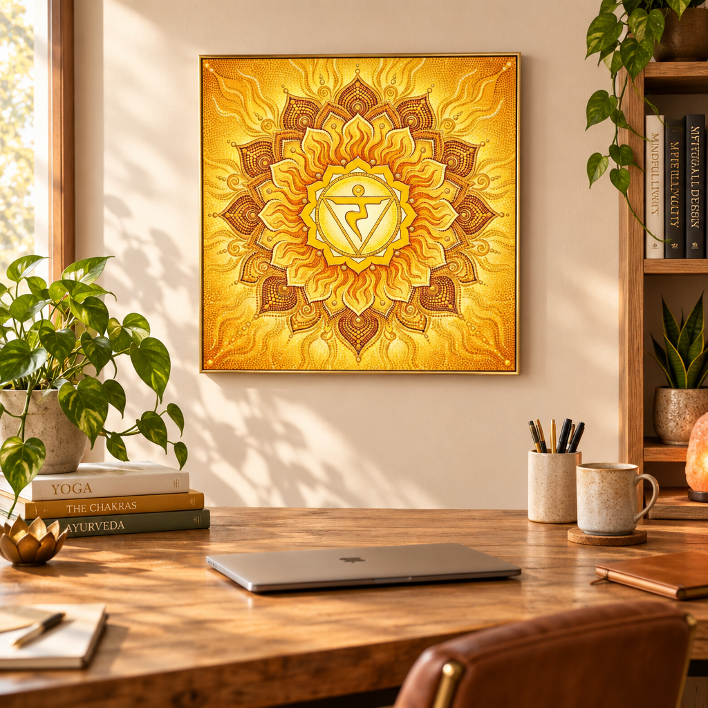 Quadro impresso Mandala Chakra Plexo Solar Pontilhismo com moldura dourada em home office com mesa de madeira e livros de yoga e chakras – quadro espiritual para escritório – Santieri Bloom