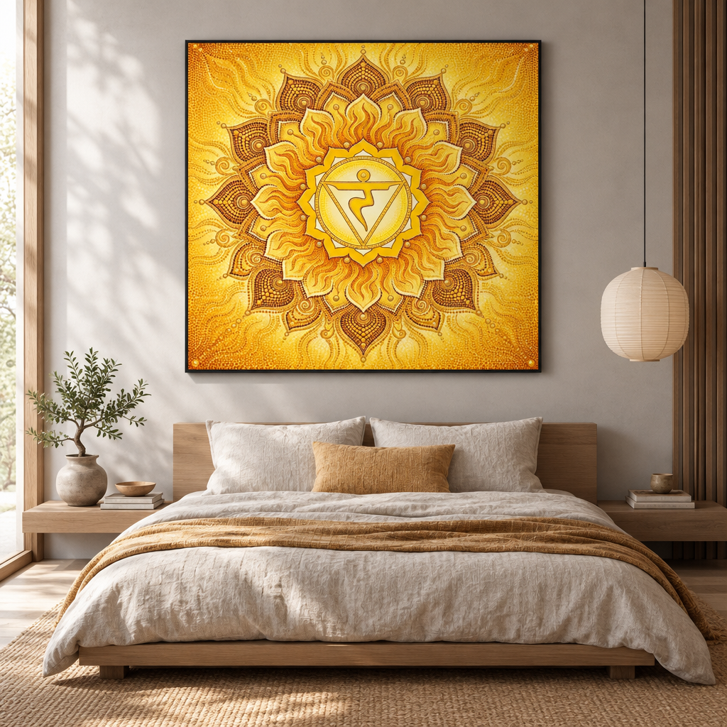 Quadro impresso Mandala Chakra Plexo Solar Pontilhismo com moldura preta em quarto Japandi com cama de madeira e roupa de cama linho – decoração espiritual Manipura – Santieri Bloom
