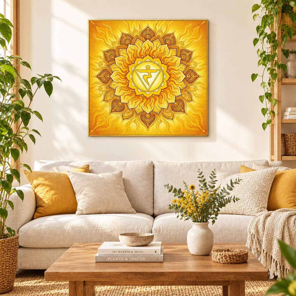 Quadro impresso Mandala Chakra Plexo Solar Pontilhismo com moldura dourada em sala clara com sofá linho e almofadas amarelas – quadro decorativo espiritual para sala de estar – Santieri Bloom