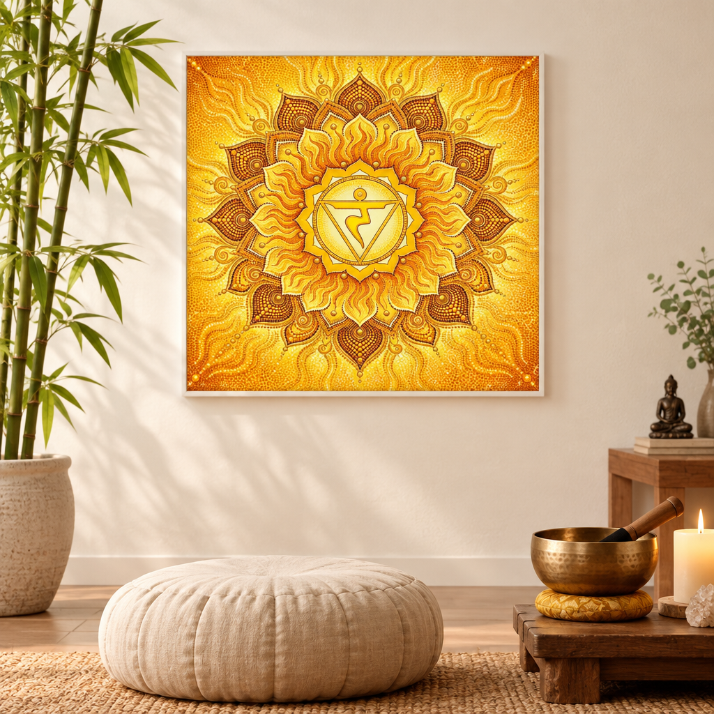 Quadro impresso Mandala Chakra Plexo Solar Pontilhismo com moldura branca em sala de meditação zen com bambu e tigela tibetana – impressão espiritual chakra para meditação – Santieri Bloom