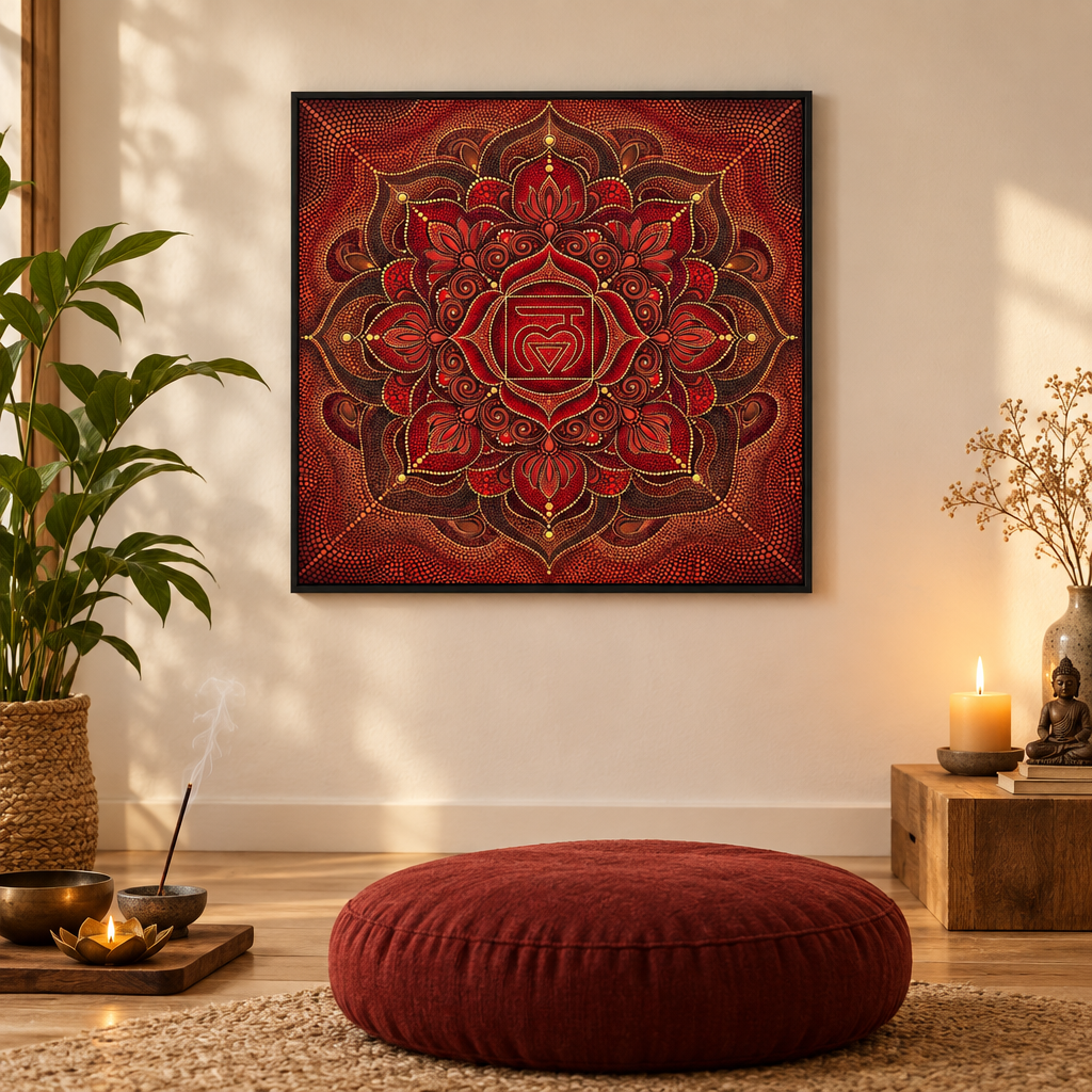 Quadro impresso Mandala Chakra Raiz Muladhara em pontilhismo com moldura preta em espaço de meditação com almofada, incenso e vela – impressão espiritual para meditação – Santieri Bloom
